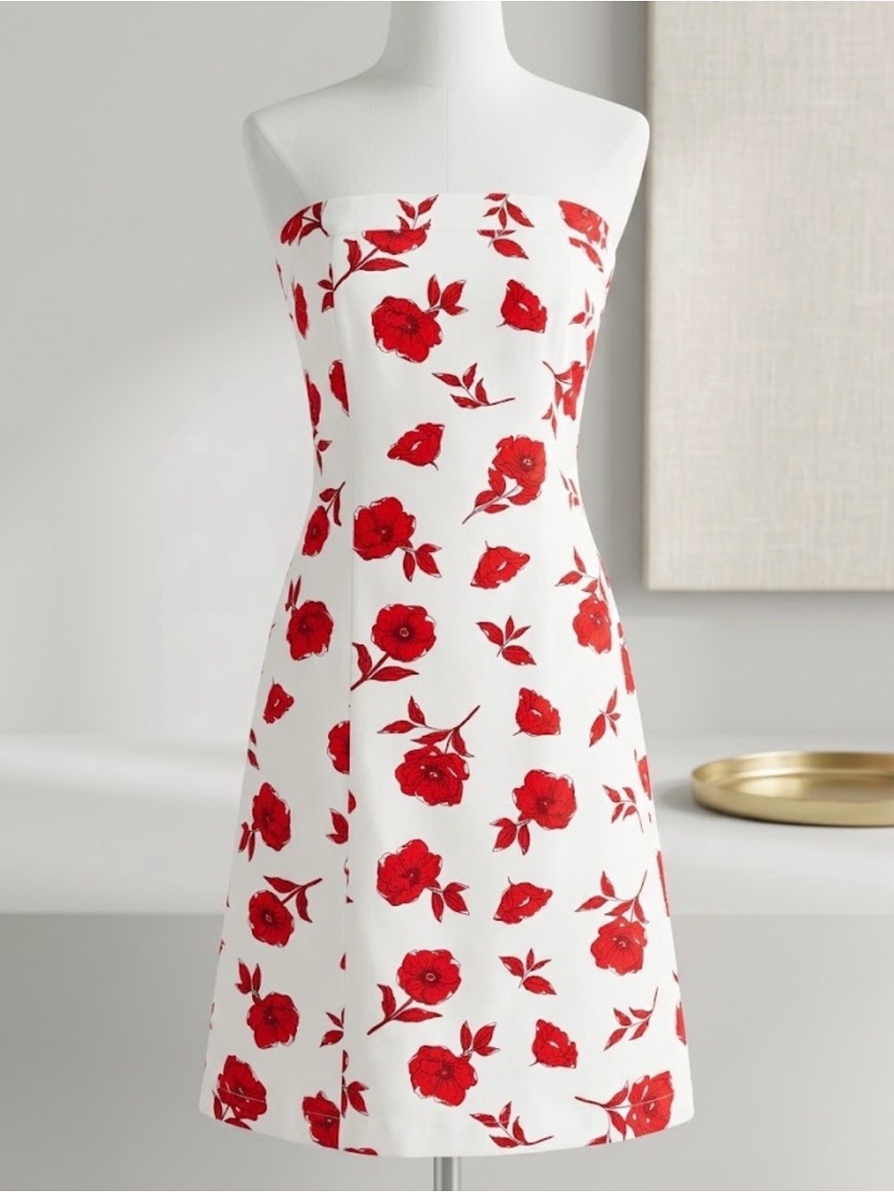 Japna Strapless White Dress with Red Floral Print